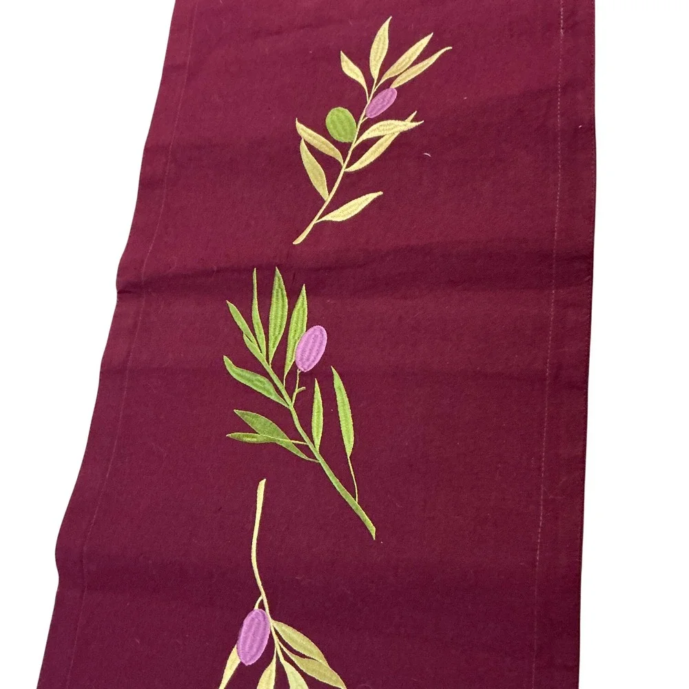 Burgundy‎ Table Runner with Embroidered Olive Branch Design, Elegant Decor